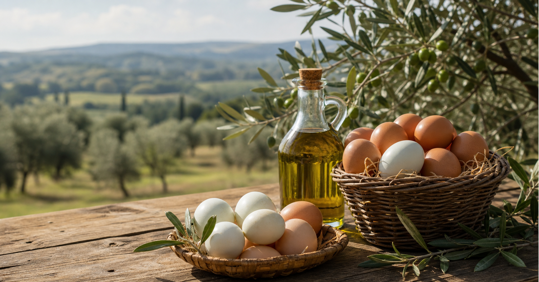 Uova fresche e bottiglia di olio su un tavolo rustico